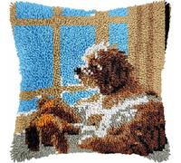Latch Hook Cushion Kits for Adults Brown Puppy Poodle Dog Window Rug Cover Pillowcase Kids Beginner DIY Needlework Embroidery Kits Handmade Set Craft Sofa Home Decor 43x43cm,2pcs