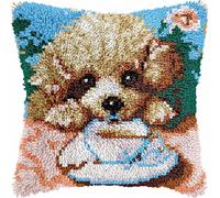 Latch Hook Cushion Kits for Adults Cute Poodle Puppy Coffee Dog Rug Cover Pillowcase Kids Beginner DIY Needlework Embroidery Kits Handmade Set Craft Sofa Home Decor 43x43cm,2pcs