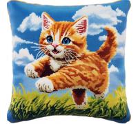 Latch Hook Cushion Kits for Adults Ginger Cat Cubs Cute Animal Blue Sky Rug Cover Pillowcase Kids Beginner DIY Needlework Embroidery Kits Handmade Set Craft Sofa Home Decor 43x43cm,1pcs