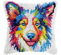 Latch Hook Cushion Kits for Adults Graffiti Dog Border Collie Puppy Rug Cover Pillowcase Kids Beginner DIY Needlework Embroidery Kits Handmade Set Craft Sofa Home Decor 43x43cm,2pcs