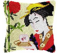 Latch Hook Cushion Kits for Adults Japanese Geisha Kimono Beige Rug Cover Pillowcase Kids Beginner DIY Needlework Embroidery Kits Handmade Set Craft Sofa Home Decor 43x43cm,1pcs