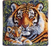 Latch Hook Cushion Kits for Adults Tiger Mother and Cub DIY Latch Hook Kits Yarn Kits Pillow Rug Pattern Arts and Crafts Crochet Needlework 17X17 Inch