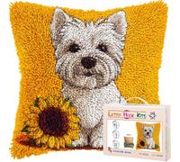 Latch Hook Cushion Kits for Adults Westie Dog Puppy Sunflower White Yellow Rug Cover Pillowcase Kids Beginner DIY Needlework Embroidery Kits Handmade Set Craft Sofa Home Decor 43x43cm,2pcs