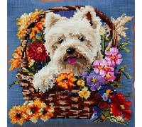 Latch Hook Cushion Kits For Adults Westie Dog Puppy White Flower Bamboo Basket Rug Cover PillowCase Kids Beginner DIY Needlework Embroidery Kits Handmade Set Craft Sofa Home Decor 43x43cm,1pcs