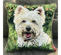 Latch Hook Cushion Kits for Adults Westie Dog Puppy White Green Grass Rug Cover Pillowcase Kids Beginner DIY Needlework Embroidery Kits Handmade Set Craft Sofa Home Decor 43x43cm,1pcs