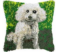 Latch Hook Cushion Kits for Adults White Dog Poodle Puppy Green Rug Cover Pillowcase Kids Beginner DIY Needlework Embroidery Kits Handmade Set Craft Sofa Home Decor 43x43cm,2pcs