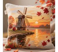 Latch Hook Cushion Kits for Beginners Windmill by The Lake Pillow Cover Making Crochet Craft Kits Pre Printed Canvas Wool Yarn Hobbies DIY Sofa Home Decor 43x43cm