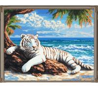 Latch Hook Cushion Kits White Tiger Animal and Seascape Handmade Self Knotting Set，DIY Tapestry Kits for Adults Cushion Large Latch Hook Tapestry Pre-Printed Pattern Rug Embroidery Craft 31x45in