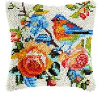 Latch Hook Kit DIY Throw Pillow Cover for Adults Kids Beginners DIY Sofa Cushion Cover Hand Craft Crochet 17x17 in (Flowers Birds)