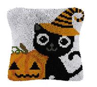 Latch Hook Kit for Adults & Kids, Complete DIY Cushion Making Craft Kits with Yarn & Canvas and Crochet Needle, Latch Hook Pillow Cover Adult Craft Kits for Women - Cats And Pumpkins 43x43cm