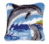 Latch Hook Kit for Adults & Kids - Dolphins Pattern 43x43cm, Complete DIY Cushion Making Craft Kits with Yarn & Canvas and Crochet Needle, Latch Hook Pillow Cover Adult Craft Kits Home Decor for Women