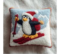 Latch Hook Kit,Penguin Skiing with A Santa Hat Latch Hook Kits for Adults DIY Decorative Pillowcase Embroidery Cross Stitch Arts Craft for Home Sofa Furniture 17X17Inch