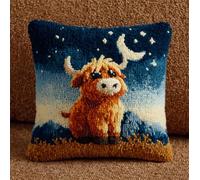 Latch Hook Kit Pillow for Adults and Beginners Cushion Cover Little Highland Cow Looking Up at The Stars Pattern Printed Throw Pillow Case Cushion Cover Pillowcase Embroidery Kit Embroidery