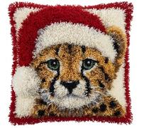 Latch Hook Kits DIY Throw Pillow Cover Little Cheetah with Santa Hat Sofa Cushion Cover Embroidery Craft Kit for Adults and Beginners Pattern Printed Canvas Creativity Crochet Gift 17X17 Inc