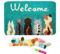 Latch Hook Kits for Adults, Crochet Hook Set with Color Pre-Printed Canvas Welcome Cat Themed Door Mat, DIY Crochet Yarn Rugs Hooking Craft Making Kit for Adults Kids Beginner, 60x40cm, Green