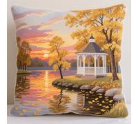 Latch Hook Kits for Beginners Pavilion by The Lake Cushion Craft Kits Pillow Cover Making Crochet Pre Printed Canvas Wool Yarn DIY Sofa Home Decor 43x43cm