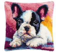 Latch Hook Kits for DIY Throw Pillow Cover, French Bulldog Colorful Handmade Pillow Case Cross-Stitch Embroidery Cushion for Home Decoration, Festival 17X17Inch