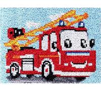 Latch Hook Kits Rug DIY Fire Truck Design Cushion Tapestry Making Crochet Color Printed Latch Hook Carpet Cushion Mat Tapestry Needlework Kits for Home Decor 52x38cm