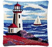 Latch Hook Pillow Cover Kits for Adults Beginners,Lighthouse Sailboat Sea Pre-Printed Embroidery Cushion Kit Latch Hook Kit Cushion Cover Making for DIY Starter Project,17X17Inch