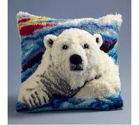 Latch Hook Pillow Kit for Adults & Kids, Aurora Polar Bear DIY Pre-Printed Cross-Stitch Embroidery Canvas Craft, 17X17 Inch Decorative Throw Pillow Cover for Sofa Cushions, Bedroom Decor