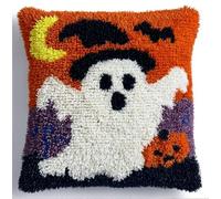 Latch Hook Pillow Kit for Adults & Kids, Halloween Ghost DIY Pre-Printed Cross-Stitch Embroidery Canvas Craft, 17X17 Inch Decorative Throw Pillow Cover for Sofa Cushions, Bedroom Decor