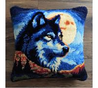Latch Hook Pillow Kit for Adults & Kids, Wolf Under The Moon DIY Pre-Printed Cross-Stitch Embroidery Canvas Craft, 17X17 Inch Decorative Throw Pillow Cover for Sofa Cushions, Bedroom Decor