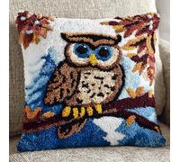 Latch Hook Pillow Kits for Adults Kids Beginners Owl On A Branch 17X17 in DIY Pre-Printed Latch Hook Rug Carpet Cushion Kits Cross-Stitch Embroidery Cushion Embroidered Pillow for Home Sofa
