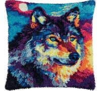 Latch Hook Pillowcase Embroidery Kit,Color Wolf Under Moon Latch Hook Cushion Cover For Adults And Beginners, 17X17 Inch Embroidery Kits 43X43Cm,Diy Needlework Pillow Cover Cushion Rug Makin