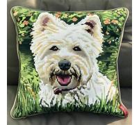 Latch Hook Pillowcase Embroidery Kit,Westie Dog Puppy White Green Grass Latch Hook Cushion Cover For Adults And Beginners, 17X17 Inch Embroidery Kits 43X43Cm,Diy Needlework Pillow Cover Cush