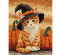 Latch Hook Rug Kit DIY Crochet Carpet for Adults Kids Beginners,Cat and Pumpkin in Wizard Hat 15X20In/52X38Cm Pre-Printed Canvas Yarn Rug Hooking Kits, Creative Craft Home Decor Ideal for Le