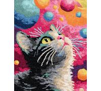 Latch Hook Rug Kit DIY Crochet Carpet for Adults Kids Beginners,Cute Cat Looking Up at Colorful Bubbles 15X20In/52X38Cm Pre-Printed Canvas Yarn Rug Hooking Kits, Creative Craft Home Decor Id