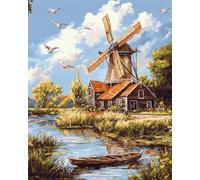 Latch Hook Rug Kit DIY Crochet Carpet for Adults Kids Beginners,Dutch Windmill Scenery 15X20In/52X38Cm Pre-Printed Canvas Yarn Rug Hooking Kits, Creative Craft Home Decor Ideal for Learning