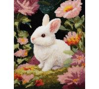 Latch Hook Rug Kits for Adults Beginners, White Rabbit in The Flowers 15X20In/52X38Cm Animal Pre-Printed Canvas Yarn Rug Hooking Kits, DIY Crochet Carpet Creative Craft, Ideal for Home Decor