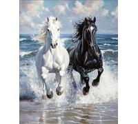 Latch Hook Rug Kits Running Black Horse and White Horse 15X20In/52X38Cm Colorful Printed Crochet Yarn DIY Hooking Latch Kit Carpet Rug Cover Mat for Cushion Floor Decor