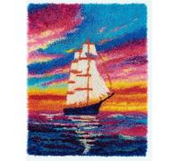 Latch Hook Rug Kits Sailboat in Sea 52X38Cm Colorful Printed Crochet Yarn DIY Hooking Latch Kit Carpet Rug Cover Mat for Cushion Floor Decor