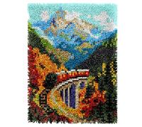 Latch Hook Rug Kits Train in The Forest 39X55In/100 X140Cm Colorful Printed Crochet Yarn DIY Hooking Latch Kit Carpet Rug Cover Mat for Cushion Floor Decor