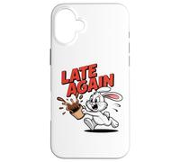 LATE AGAIN Running Rabbit Spilling Coffee Meme Humor Case for iPhone 16 Plus