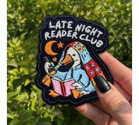 Late Night Reader Club Patch 3 Inches Funny Cute Reading Goose, Bookish Book Lover, Iron On/Sew On Embroidery Fabric Applique Patches for Backpack Vest Dog Harness, Morale Military Gifts for Mom Dad