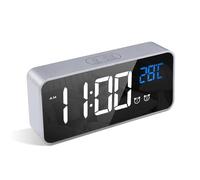 LATEC Digital Bedside Clock with Big LED Temperature Display - Alarm with 10 Sounds, USB Charging, 4 Levels Brightness Dimmer, Snooze, Portable Mirror, Dual Alarm - Silver