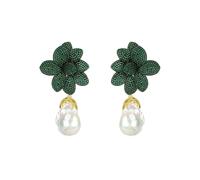 Latelita Amaryllis Flower Baroque Pearl Drop Earrings Green Gold