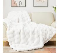 Latepis Fluffy Faux Fur Blanket for Sofa Bubble Blankets Bed Throw Double Size Soft Warm Plush Blankets for All Seasons Double Bed Throw White 152 * 203cm, 860gsm