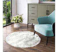 Latepis Small Circle Rug Round Rug 4ft Faux Sheepskin Fur Rug White with Grey Tips Machine Washable Area Rugs for Living Room Furry Shag Rug for Bedroom Floor Home Decor