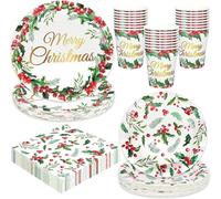 LATERN 100Pcs Christmas Party Paper Tableware Set, 25 x 9 Inch Dinner Plates, 25 x 7 Inch Salad Plates, 25 x 270ml Cups, 25 x 16CM Napkins - for Christmas Winter Holiday Party Decoration