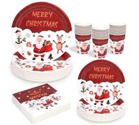 LATERN 100Pcs Christmas Party Paper Tableware Set, 25 x 9 Inch Dinner Plates, 25 x 7 Inch Salad Plates, 25 x 270ml Cups, 25 x 16CM Napkins - for Christmas Winter Holiday Party Decoration