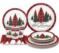 LATERN 100Pcs Christmas Party Paper Tableware Set, 25 x 9 Inch Dinner Plates, 25 x 7 Inch Salad Plates, 25 x 270ml Cups, 25 x 16CM Napkins - for Christmas Winter Holiday Party Decoration