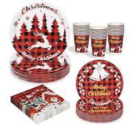 LATERN 100Pcs Christmas Party Paper Tableware Set, 25 x 9 Inch Dinner Plates, 25 x 7 Inch Salad Plates, 25 x 270ml Cups, 25 x 16CM Napkins - for Christmas Winter Holiday Party Decoration