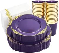 LATERN 100Pcs Multi-Use Purple and Gold Plastic Dinnerware Set, 25 x 26CM Resuable Dinner Plates, 25 x 19CM Salad Plates, 25 x 300ml Cups, 25 x 42CM Napkins for Garden Wedding Anniversary Party