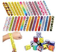 LATERN 100Pcs Slap Band Slap Bracelets, Snap Bands Party Favors with Colorful Hearts Animal Skin Emoji Christmas Prints Slap Band for Kids Party Bag Fillers