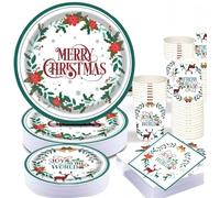 LATERN 102Pcs Christmas Party Paper Tableware Set, 25 x 9 Inch Dinner Plates, 25 x 7 Inch Salad Plates, 25 x 270ml Cups, 25 x 16CM Napkins, 2 x Tablecloths - for Christmas Holiday Party Decoration