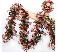 LATERN 10M Christmas Tinsel Garland with Santa Claus, Red Green Metallic Tinsel Chunky Glittering Tinsel Thick Shiny Garland for Christmas Tree Winter Wedding Birthday Holiday Party Decoration
